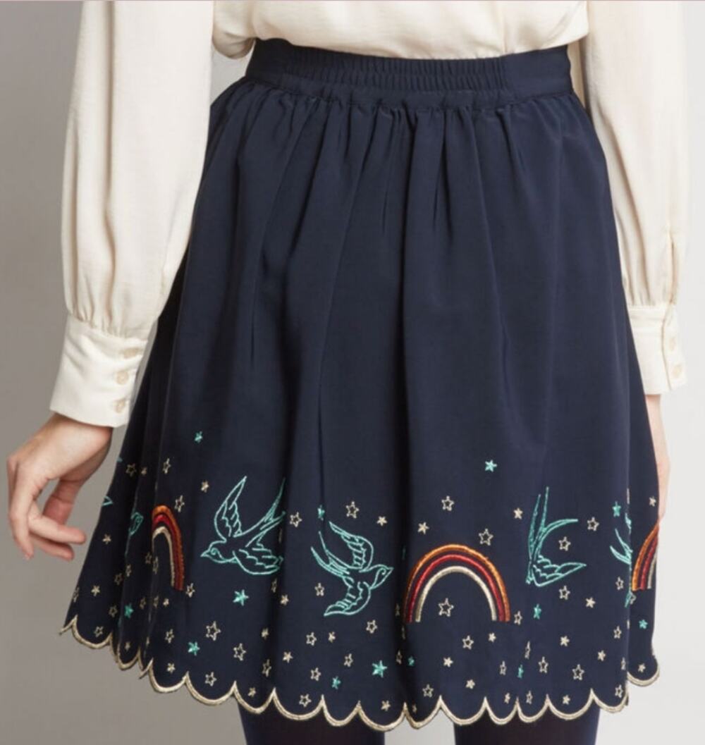 Modcloth Treasured Reveries Embroidered Skirt Navy Rainbows Birds Stars Medium
